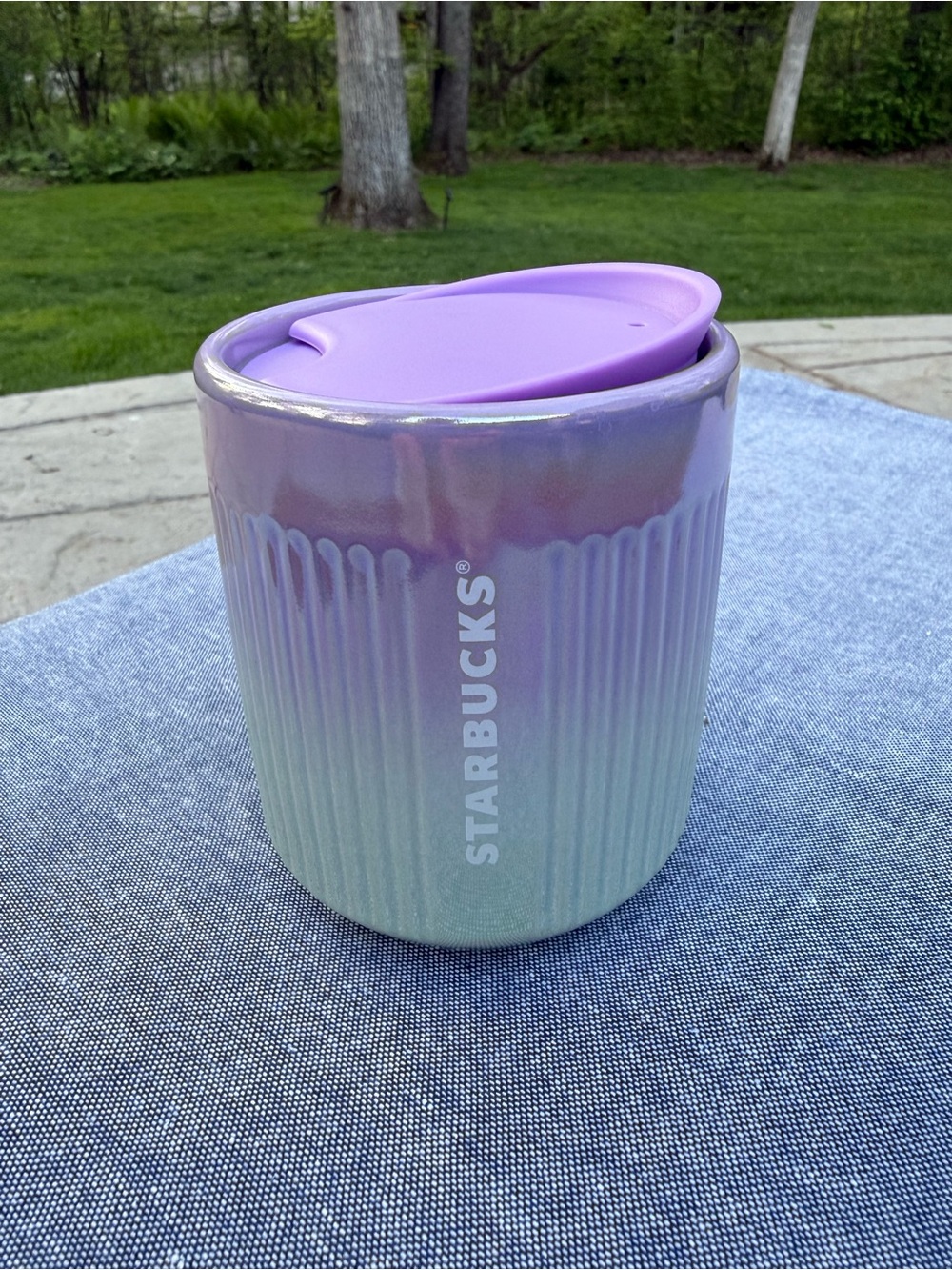 Starbucks Iridescent Lavender-to-Mint Ceramic Tumbler with Purple Lid